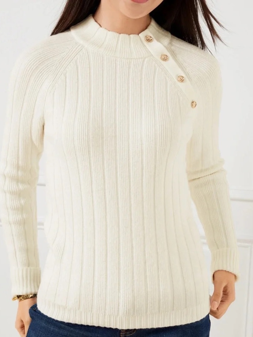 Talbots | Ivory Ribbed Mock Neck Sweater with Gold Button Detail, SP